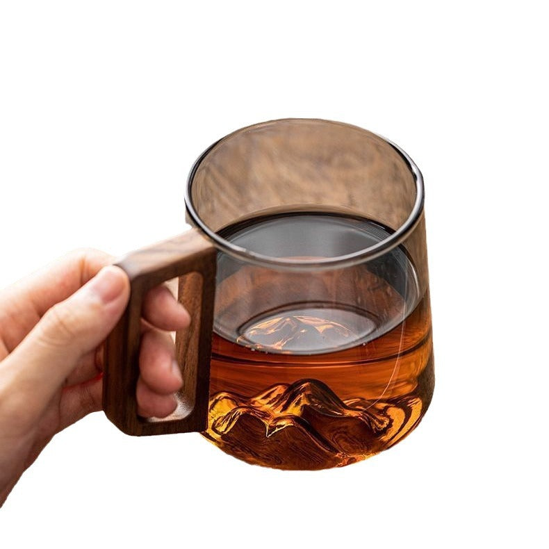 Guanshan Glass Drinking Cup – Single-Layer Large-Capacity Cup with Wooden Handle for Milk, Tea & Juice