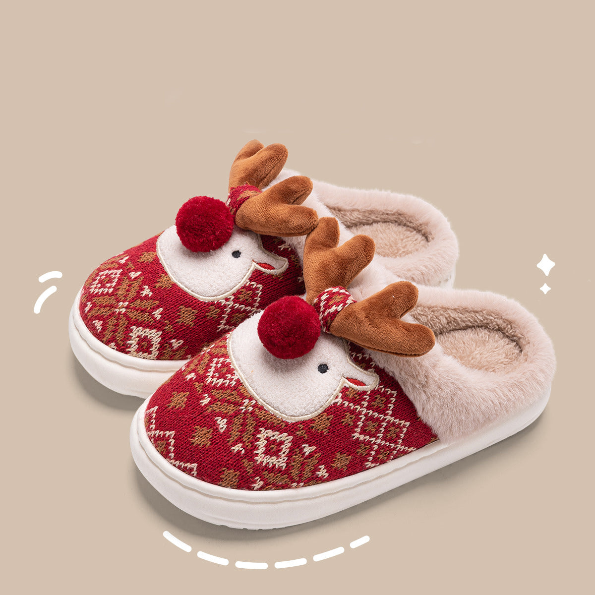 Cute Christmas Elk Plush Slippers – Winter Warm Fuzzy Non-Slip House Shoes for Women Indoor Bedroom Wear