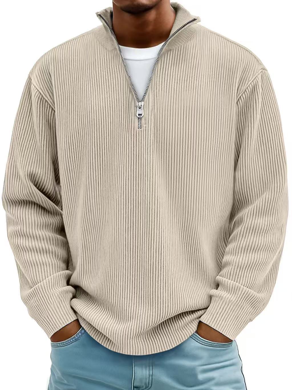 Men’s Corduroy Zipper Stand Collar Sweatshirt – Casual Solid Color Pullover Long Sleeve Top