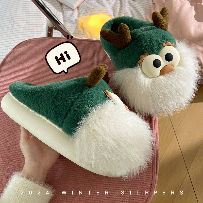 Cute Cartoon Christmas Deer Cotton Slippers – Warm Winter Indoor Home Shoes for Women
