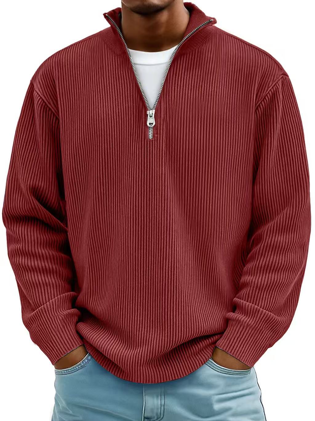 Men’s Corduroy Zipper Stand Collar Sweatshirt – Casual Solid Color Pullover Long Sleeve Top