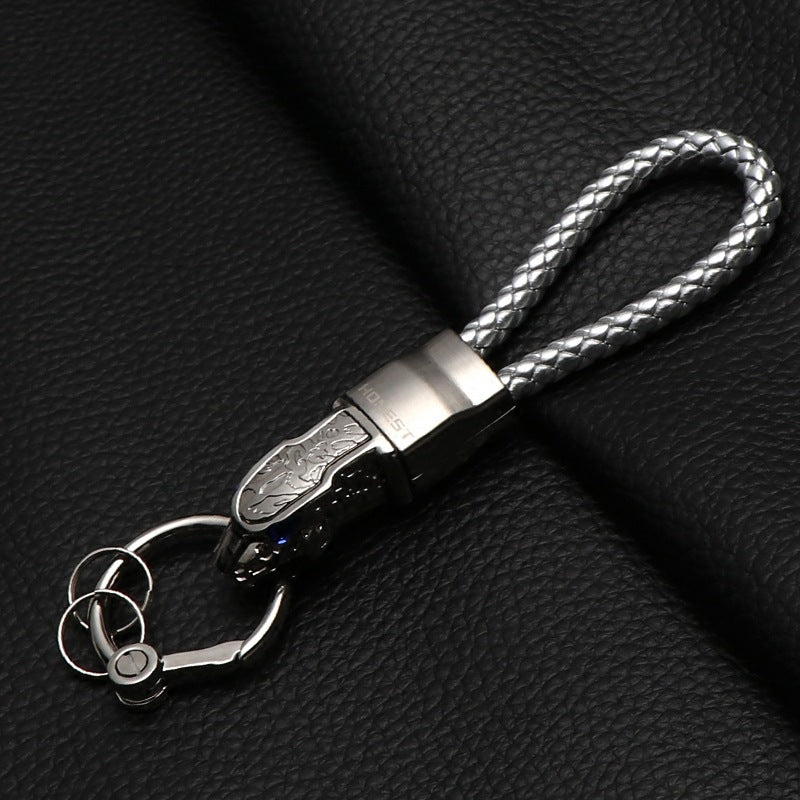 Braided Rope Leopard Head Keychain – Alloy Metal Key Ring for Men & Couples Pendant