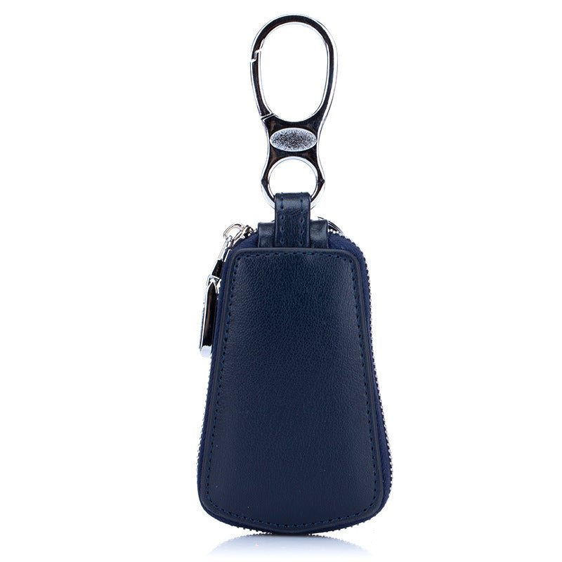 Leather Car Key Case with Zipper Waistband – Two-Layer Cowhide Key Holder with Key Rings & Coin Pocket