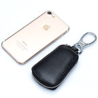Leather Car Key Case with Zipper Waistband – Two-Layer Cowhide Key Holder with Key Rings & Coin Pocket