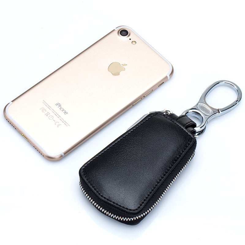 Leather Car Key Case with Zipper Waistband – Two-Layer Cowhide Key Holder with Key Rings & Coin Pocket