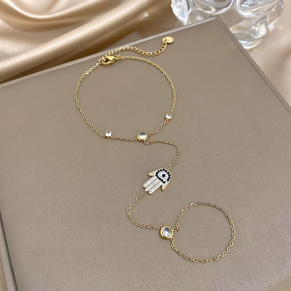 Devil’s Eye Palm Zircon Bracelet for Women – Stainless Steel Link Hand Harness & Finger Ring Jewelry | Elegant Multi-Layered Gold & Silver Bracelet