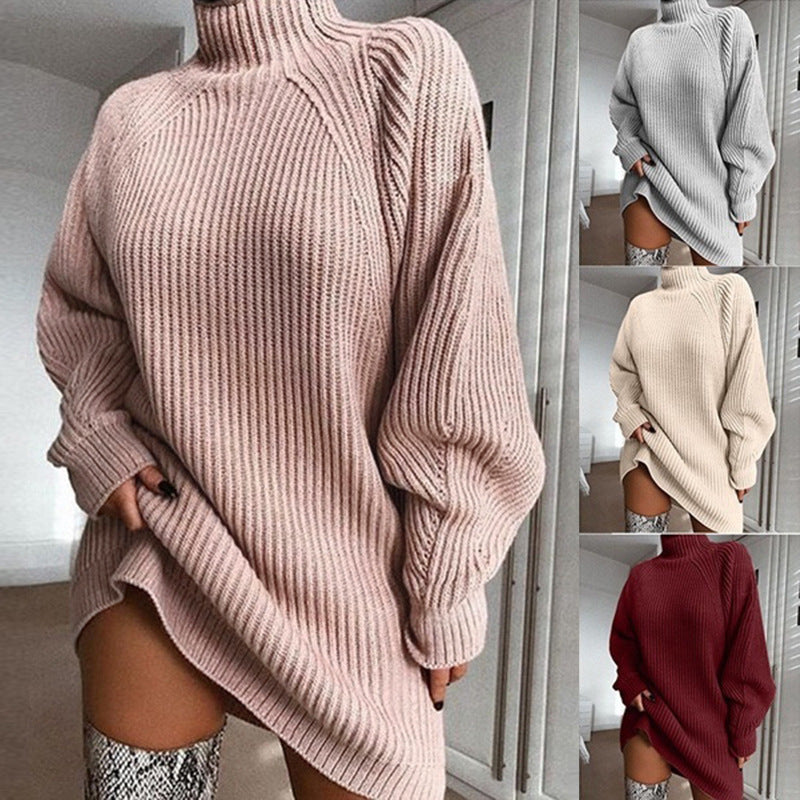 Solid Turtleneck Long Sweater Dress – Warm Winter Knitwear for Women
