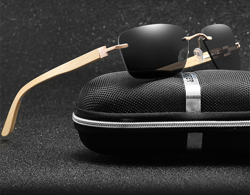 Square Frameless Sunglasses with Bamboo Arms – UV400 PC Lens Fashion Glasses with Spring Hinges (Model 15028)