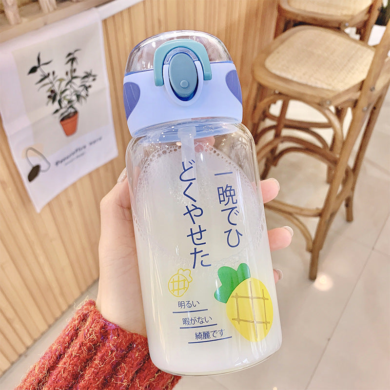 Cute Fruit Series Glass Water Bottle with Straw – Transparent Pop Lid Anti-Choking Cup for Students, Milk & Water