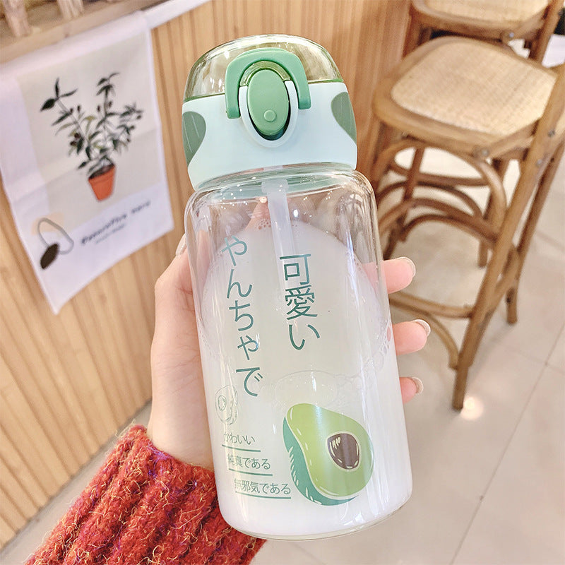 Cute Fruit Series Glass Water Bottle with Straw – Transparent Pop Lid Anti-Choking Cup for Students, Milk & Water
