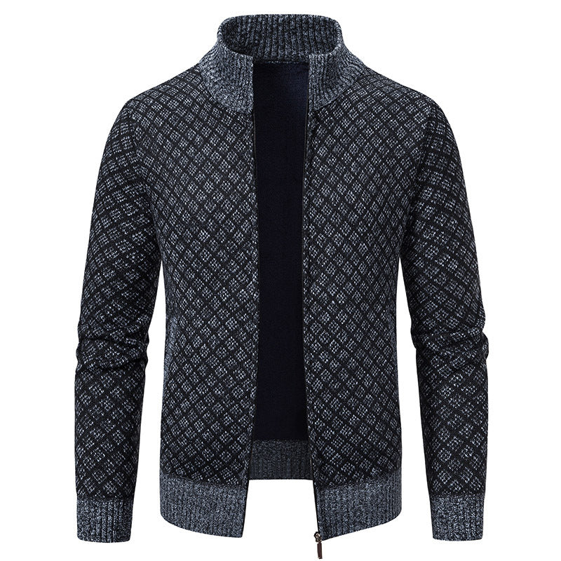 Men’s Thickened Plaid Print Jacket Cardigan – Slim Fit Zipper Stand Collar Sweater for Winter