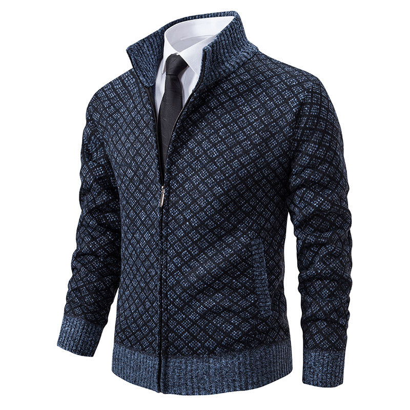 Men’s Thickened Plaid Print Jacket Cardigan – Slim Fit Zipper Stand Collar Sweater for Winter