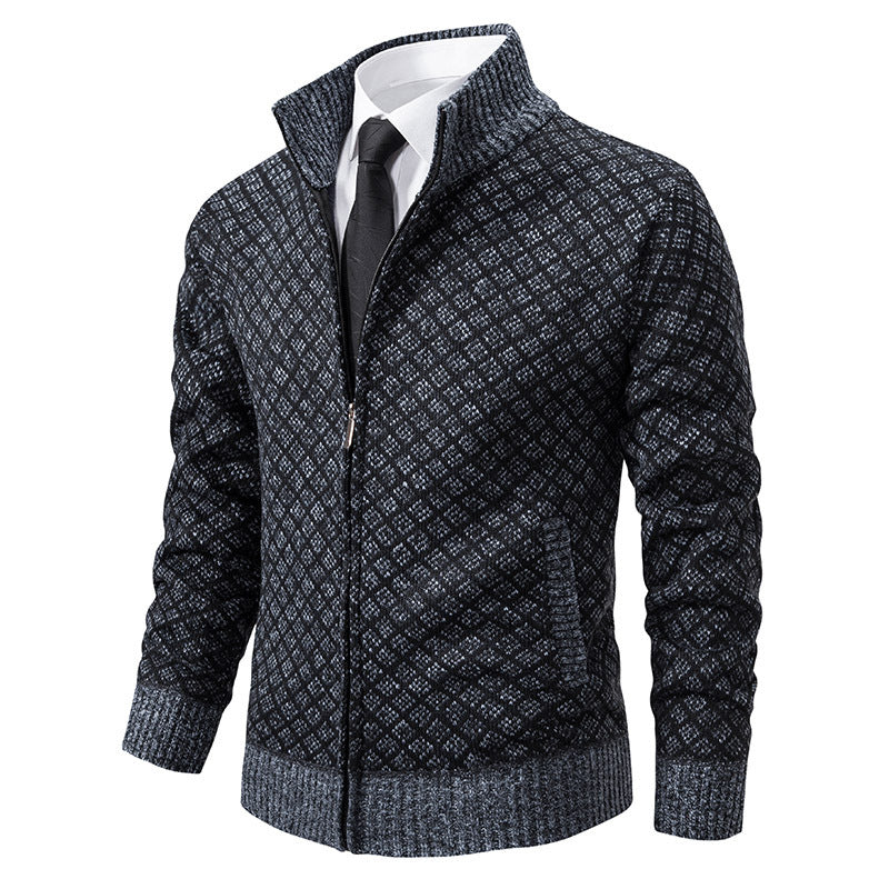 Men’s Thickened Plaid Print Jacket Cardigan – Slim Fit Zipper Stand Collar Sweater for Winter