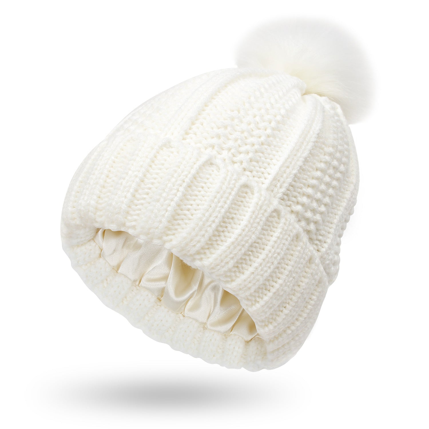 Winter Knitted Beanie Hat for Women – Stretchy Lined Skull Cap with Faux Fur Pom Pom
