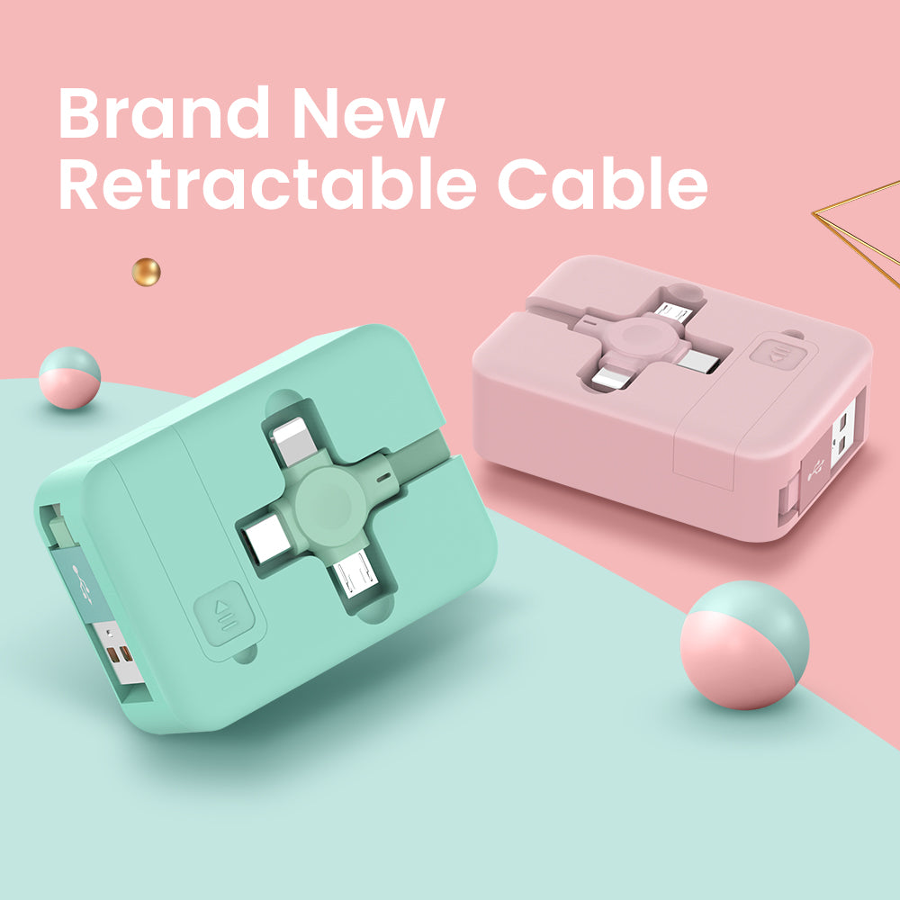 4-in-1 Retractable USB Cable – Macaron Type-C & Micro for iPhone with Phone Stand & Storage Box