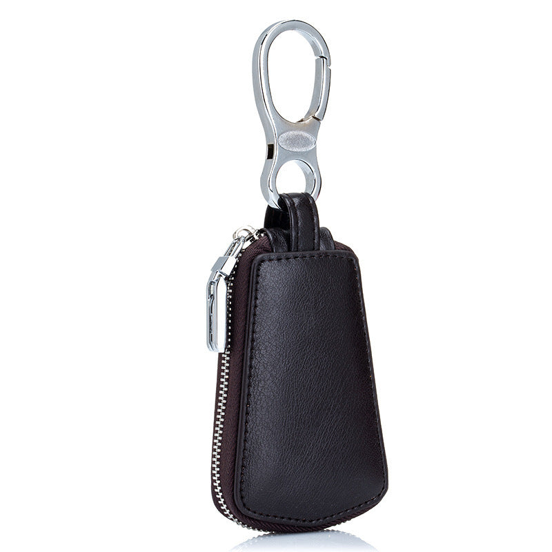 Leather Car Key Case with Zipper Waistband – Two-Layer Cowhide Key Holder with Key Rings & Coin Pocket