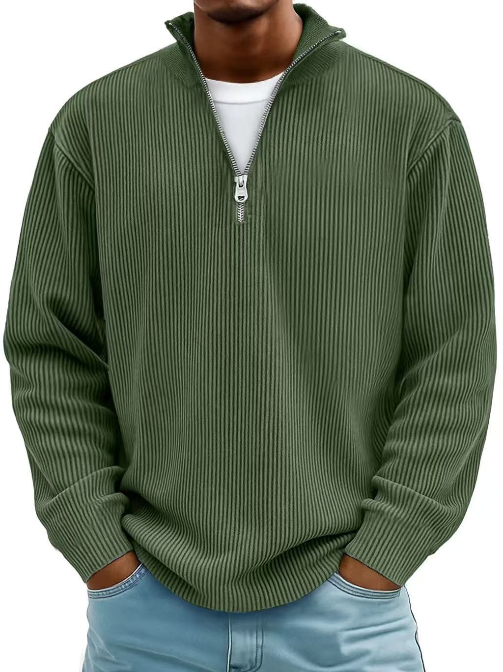 Men’s Corduroy Zipper Stand Collar Sweatshirt – Casual Solid Color Pullover Long Sleeve Top