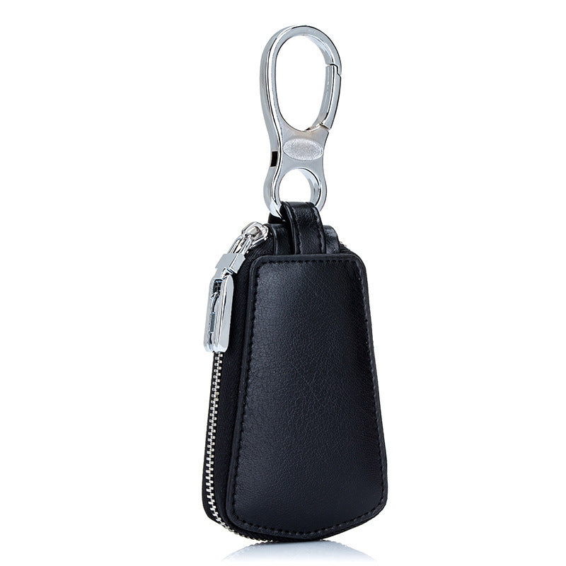 Leather Car Key Case with Zipper Waistband – Two-Layer Cowhide Key Holder with Key Rings & Coin Pocket