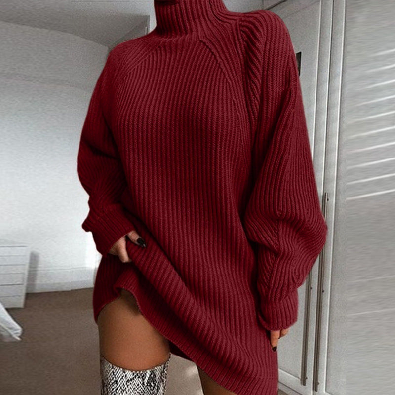 Solid Turtleneck Long Sweater Dress – Warm Winter Knitwear for Women