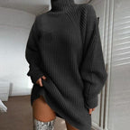 Solid Turtleneck Long Sweater Dress – Warm Winter Knitwear for Women