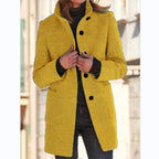 Women’s Fashion Stand Collar Woolen Coat – Slim Fit Casual Fall/Winter Button Outerwear with Pockets