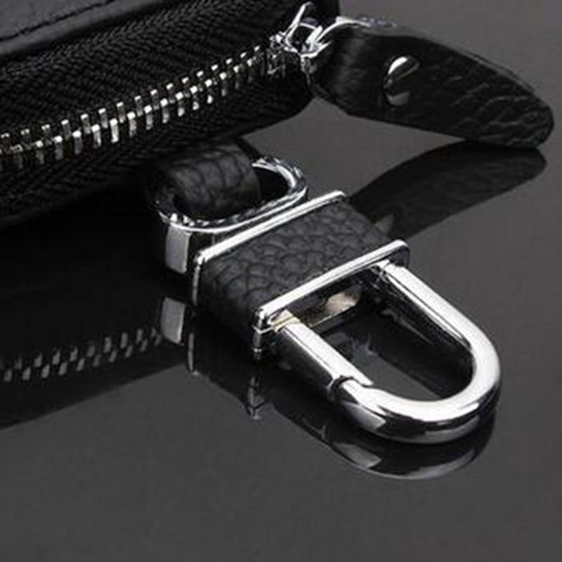 Car Litchi Grain Leather Key Case – 360° Rotating Zipper Key Holder for Universal Car Keys