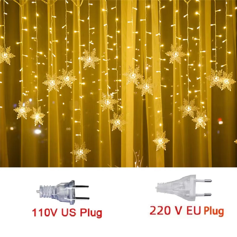 3.2M LED Snowflake Christmas Curtain Lights – Waterproof Flashing Fairy String Lights (8 Modes, Connectable) for Holiday, Party, Wedding & Xmas Decor