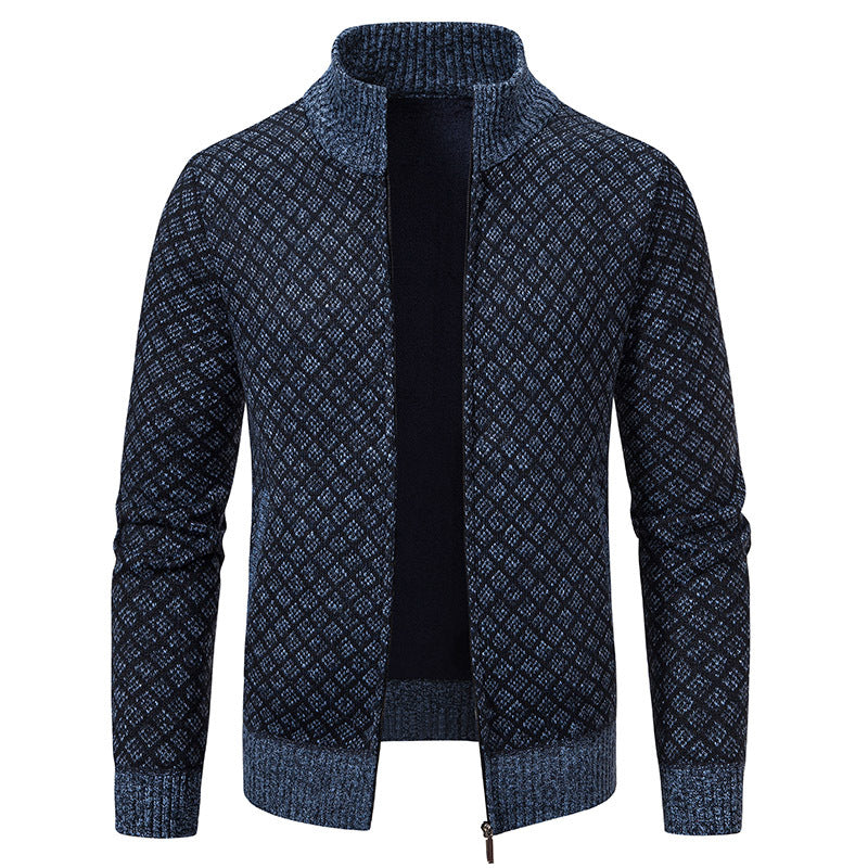 Men’s Thickened Plaid Print Jacket Cardigan – Slim Fit Zipper Stand Collar Sweater for Winter