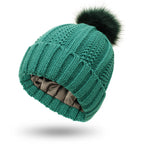 Winter Knitted Beanie Hat for Women – Stretchy Lined Skull Cap with Faux Fur Pom Pom