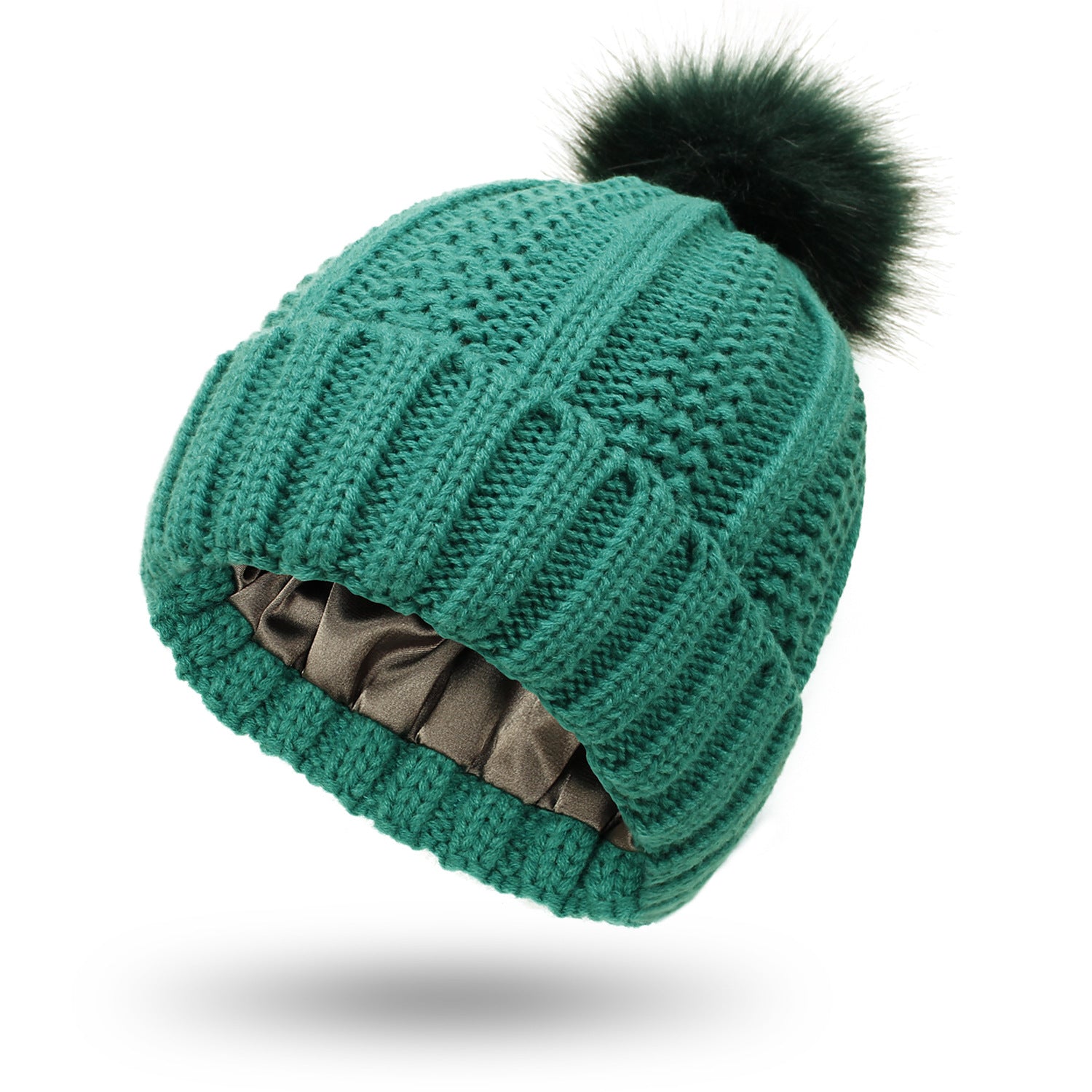 Winter Knitted Beanie Hat for Women – Stretchy Lined Skull Cap with Faux Fur Pom Pom