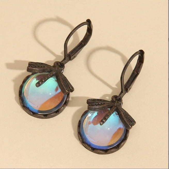 Vintage Dragonfly Drop Earrings – Gold Metal Carving with Multicolor Moonstone for Women