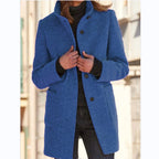 Women’s Fashion Stand Collar Woolen Coat – Slim Fit Casual Fall/Winter Button Outerwear with Pockets