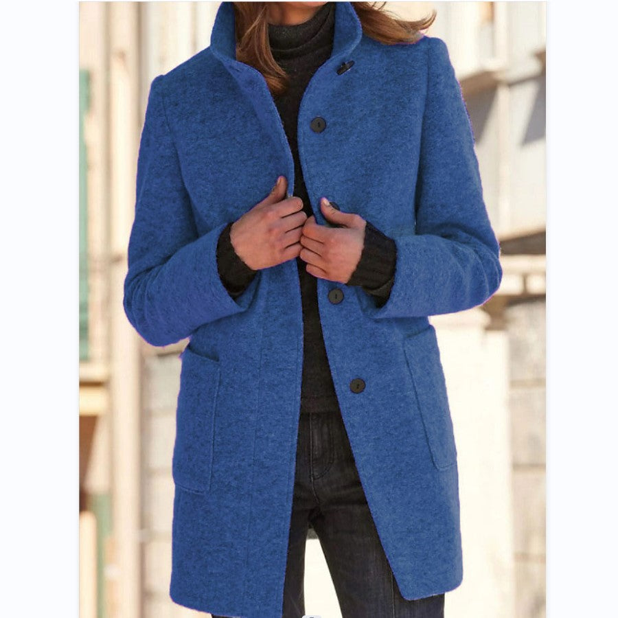 Women’s Fashion Stand Collar Woolen Coat – Slim Fit Casual Fall/Winter Button Outerwear with Pockets