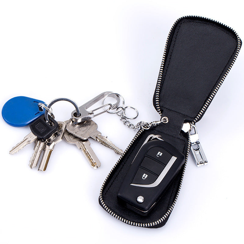 Leather Car Key Case with Zipper Waistband – Two-Layer Cowhide Key Holder with Key Rings & Coin Pocket