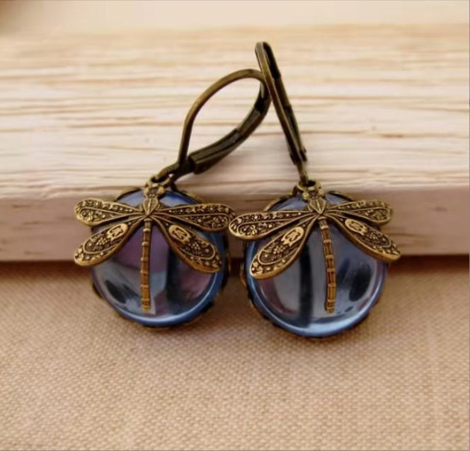 Vintage Dragonfly Drop Earrings – Gold Metal Carving with Multicolor Moonstone for Women