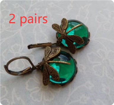 Vintage Dragonfly Drop Earrings – Gold Metal Carving with Multicolor Moonstone for Women