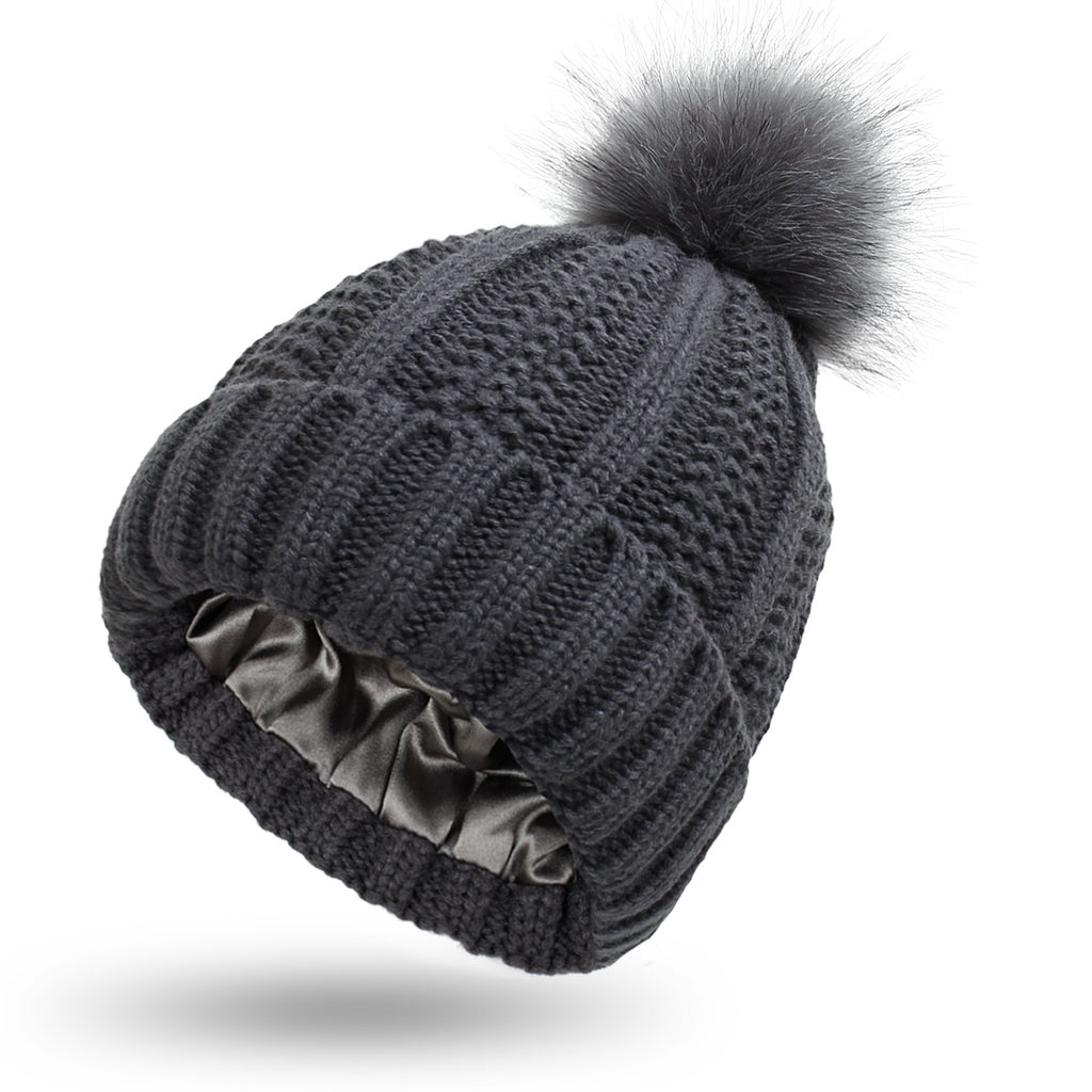 Winter Knitted Beanie Hat for Women – Stretchy Lined Skull Cap with Faux Fur Pom Pom