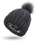 Winter Knitted Beanie Hat for Women – Stretchy Lined Skull Cap with Faux Fur Pom Pom