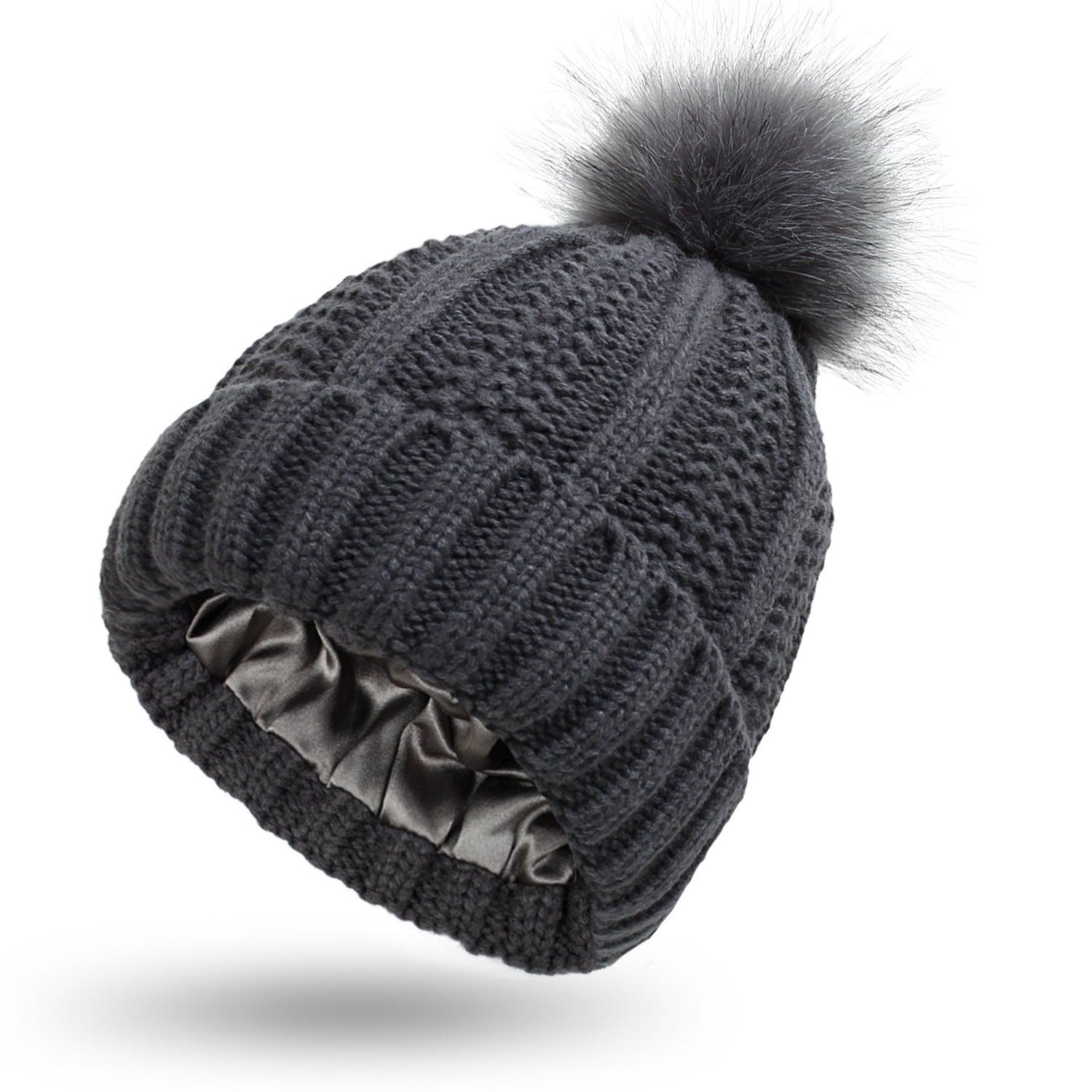 Winter Knitted Beanie Hat for Women – Stretchy Lined Skull Cap with Faux Fur Pom Pom
