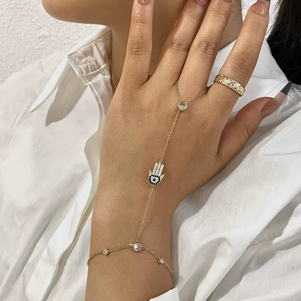 Devil’s Eye Palm Zircon Bracelet for Women – Stainless Steel Link Hand Harness & Finger Ring Jewelry | Elegant Multi-Layered Gold & Silver Bracelet