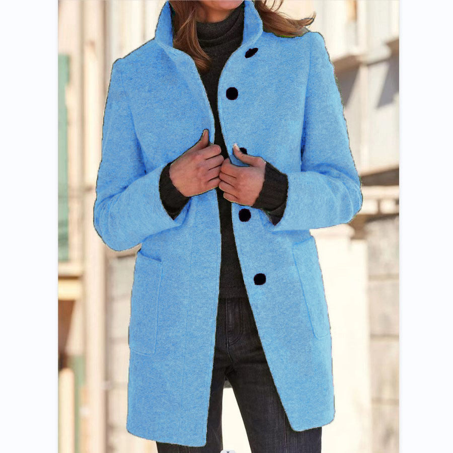 Women’s Fashion Stand Collar Woolen Coat – Slim Fit Casual Fall/Winter Button Outerwear with Pockets