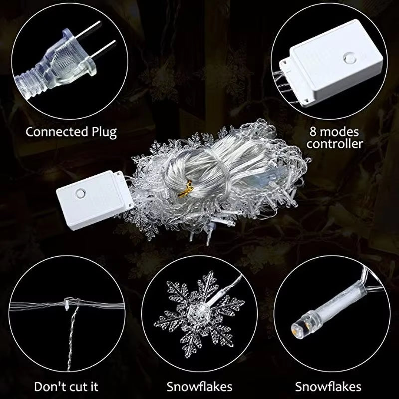 3.2M LED Snowflake Christmas Curtain Lights – Waterproof Flashing Fairy String Lights (8 Modes, Connectable) for Holiday, Party, Wedding & Xmas Decor