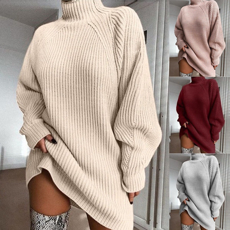 Solid Turtleneck Long Sweater Dress – Warm Winter Knitwear for Women