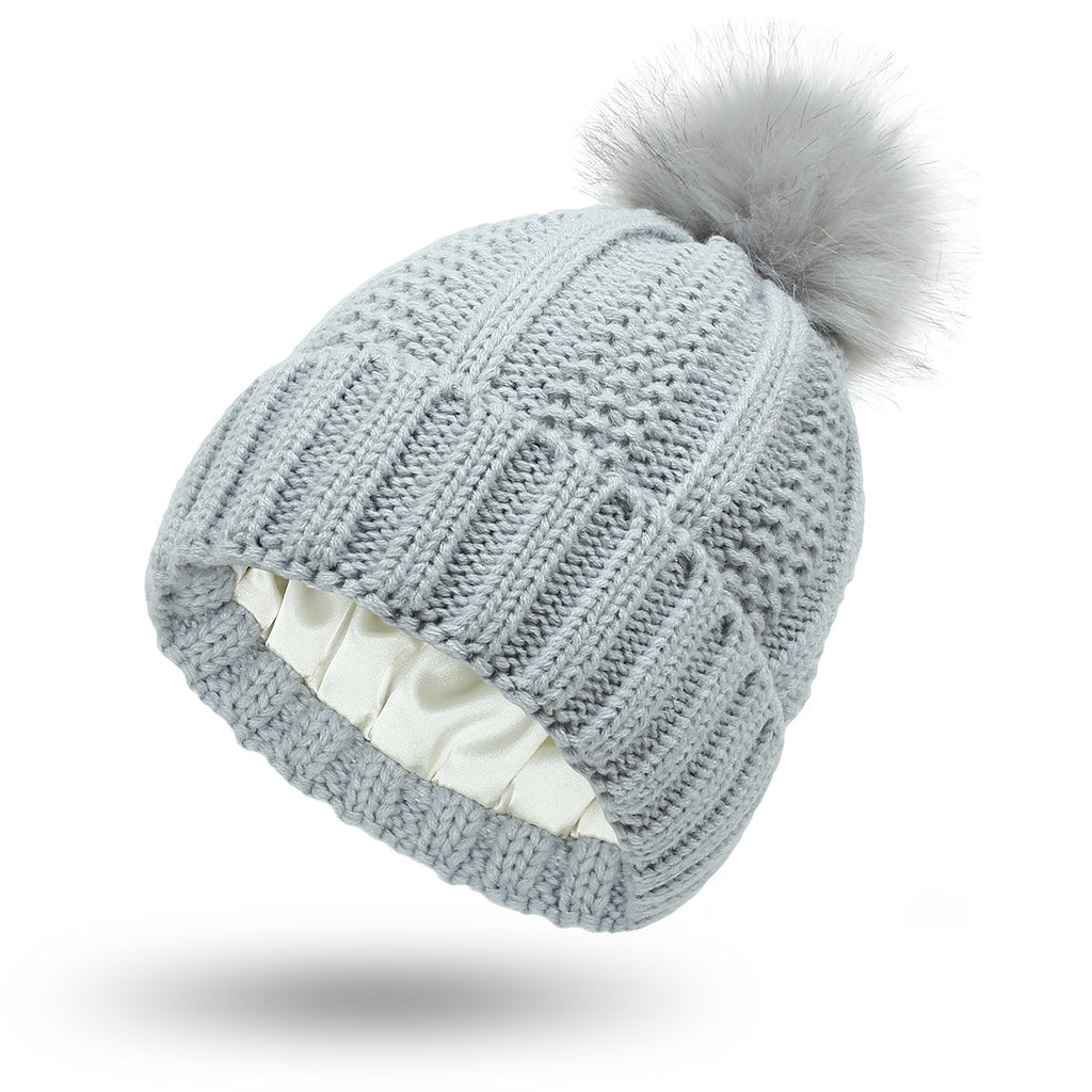 Winter Knitted Beanie Hat for Women – Stretchy Lined Skull Cap with Faux Fur Pom Pom
