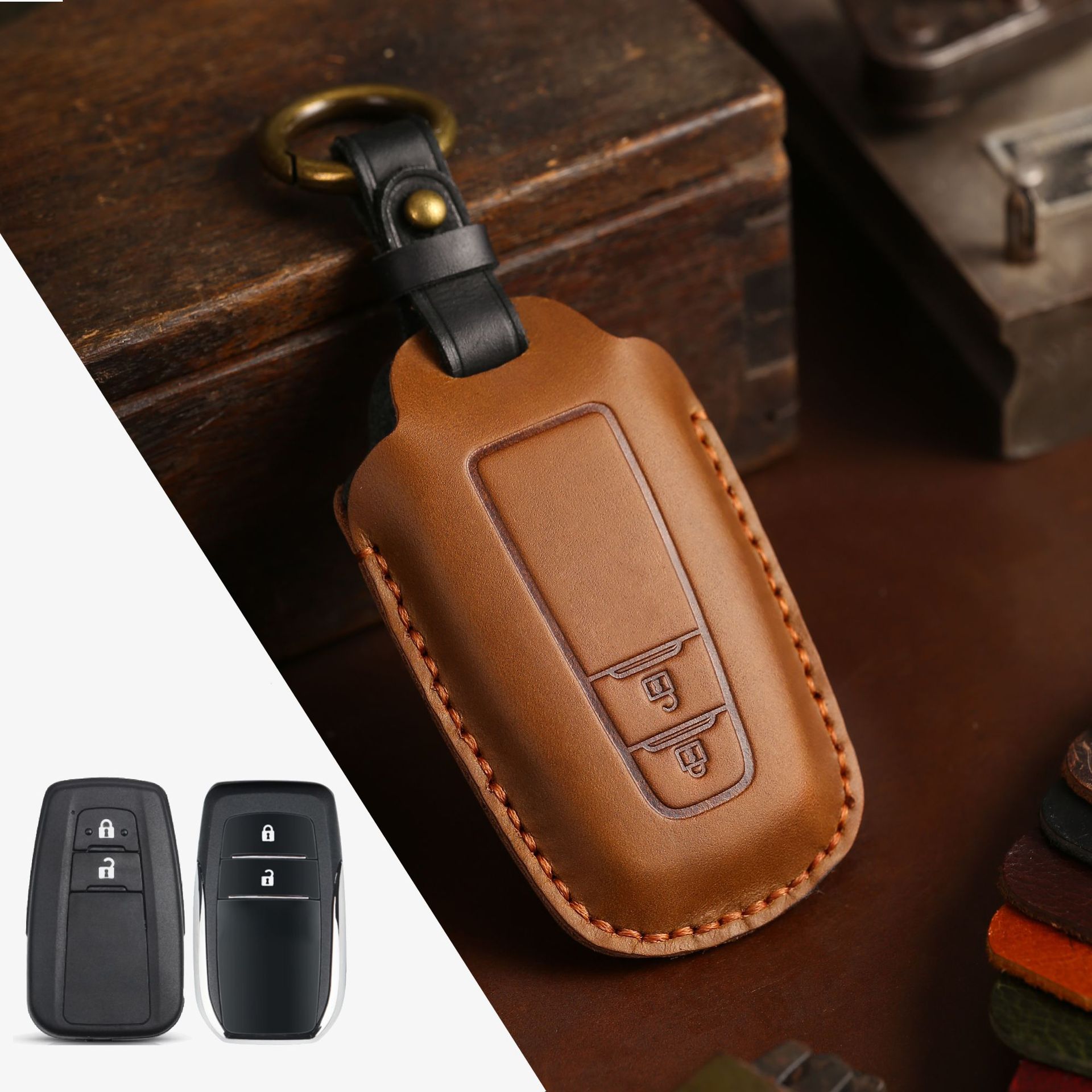 Crazy Horse Leather Car Key Case – Premium Cowhide Key Holder for 2 & 3 Keys