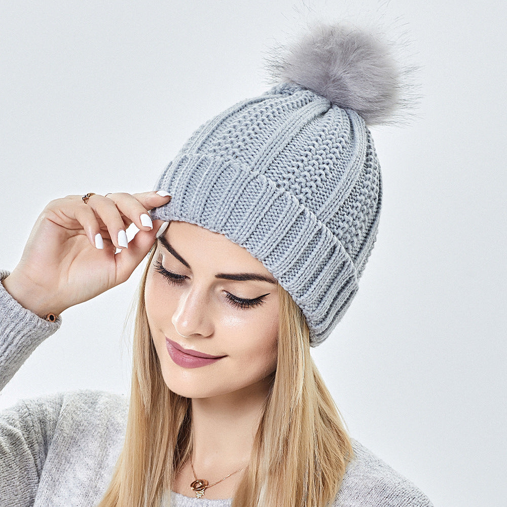 Winter Knitted Beanie Hat for Women – Stretchy Lined Skull Cap with Faux Fur Pom Pom