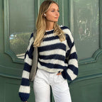 Women’s Loose Striped Pullover Sweater – Long Sleeve Casual Knitted Top for Everyday Wear