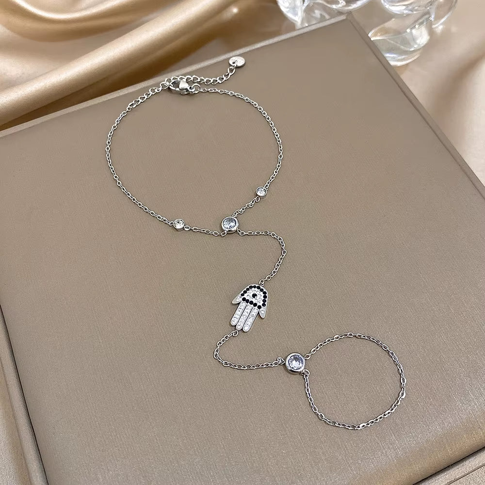 Devil’s Eye Palm Zircon Bracelet for Women – Stainless Steel Link Hand Harness & Finger Ring Jewelry | Elegant Multi-Layered Gold & Silver Bracelet