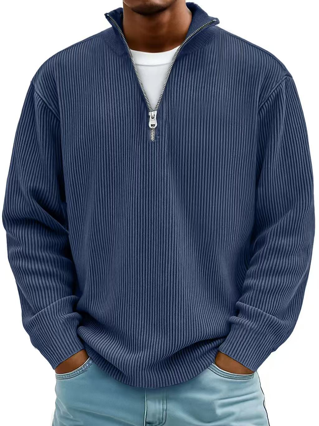 Men’s Corduroy Zipper Stand Collar Sweatshirt – Casual Solid Color Pullover Long Sleeve Top