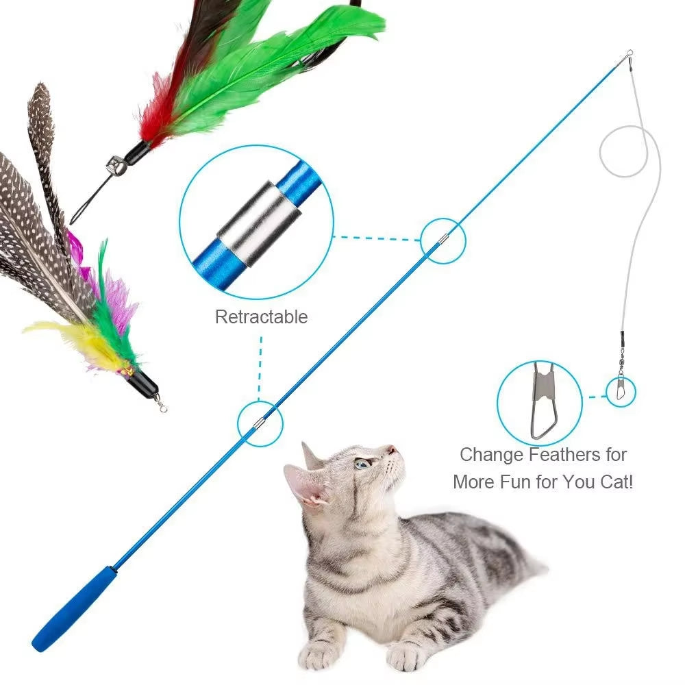 11-Piece Cat Feather Toy Replacement Set with Retractable Wand – Interactive Teaser Toys for Exercise, Training & Play